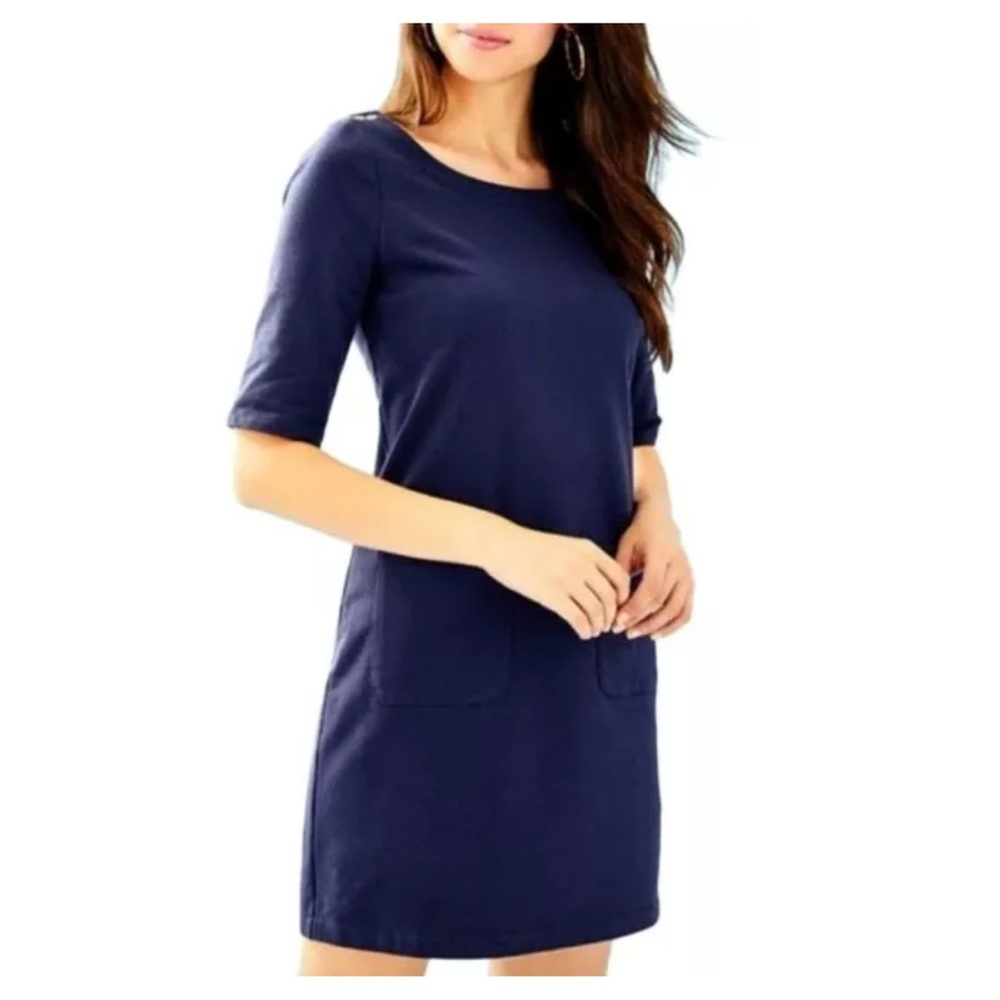 Lilly Pulitzer Lilah navy blue 1/2 sleeve scoop neck mini pockets M dress